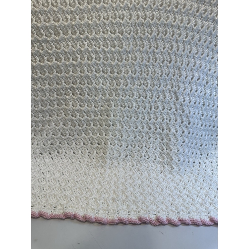 Vintage Handmade CROCHET AFGHAN BABY BLANKET Cream Pink Border 38"X 42" Bear‎ - Picture 8 of 9